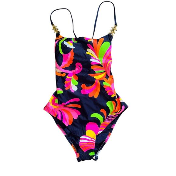 NWT! Trina Turk Poolside Swirl One Piece Gold Accents Swimsuit - Size 6 - Picture 4 of 10